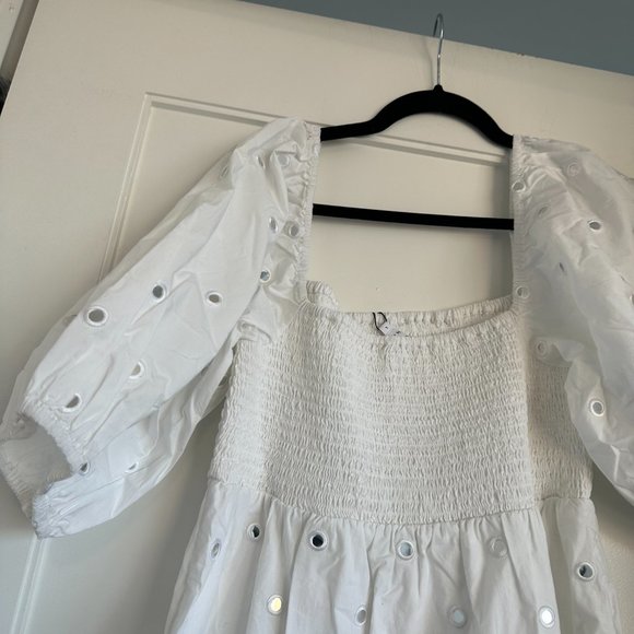 Rhode Eloise Eyelet Midi-dress White Mirror Smocked Bodice Puff Sleeves Small - Picture 8 of 8